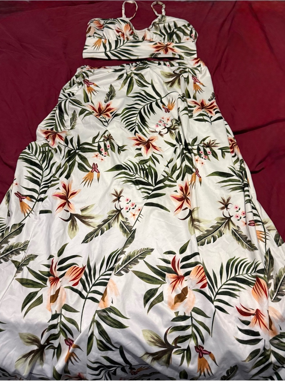 SHEIN White Tropical Floral Crop Top and Split Thigh Skirt Set - Green & Orange